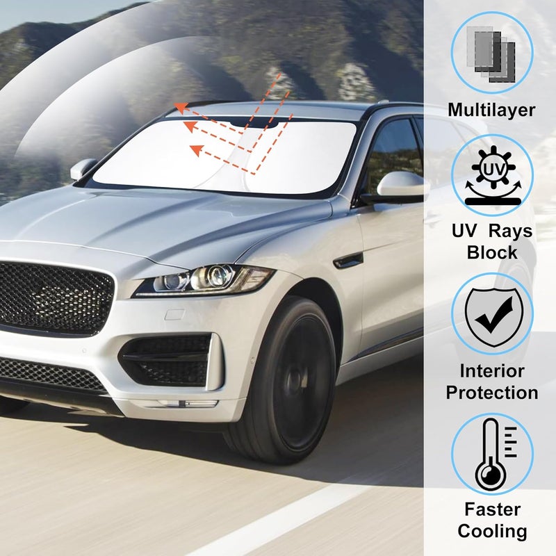 واقي شمسي للزجاج الأمامي مصمم خصيصًا لسيارات جاكوار F-Pace F Pace موديلات 2016-2024 2025، إكسسوارات قابلة للطي، حاجب شمس، يحمي السيارة من أشعة الشمس وأضرار الحرارة، ويحافظ على برودة السيارة. - Image 2