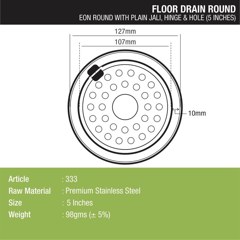 LIPKA Eon Round with Plain Jali Floor Drain |Premium Stainless Steel |5 x 5 Inches| with Hinge & Hole| - Image 2
