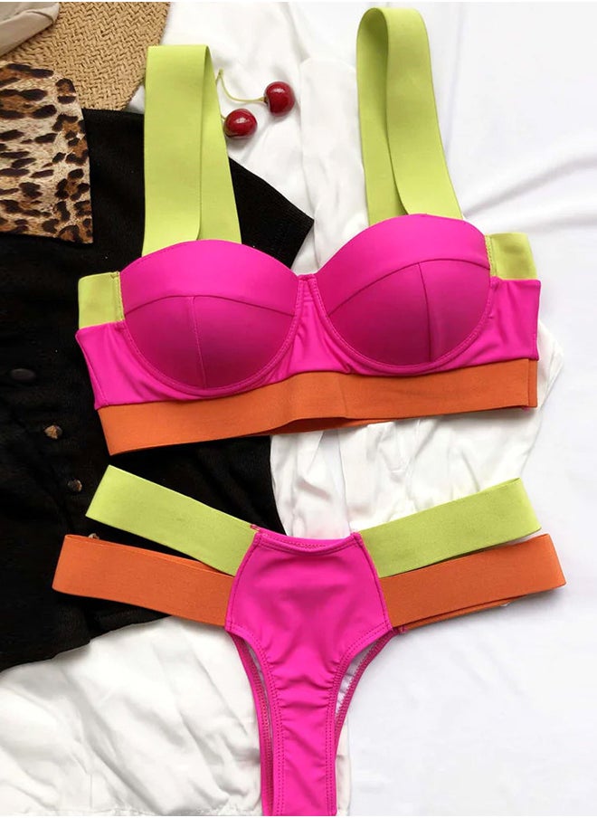 MARGOUN Medium Size Lingerie Set Splicing Bikini Push Up Swimsuit Female Swimwear Women Two-piece Bikini set With Bra Cup Bather Bathing Suit Swim Lady Pink /M(bust 87-91/hip 92-96cm)  - Image 1