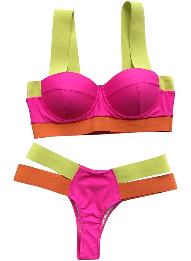 MARGOUN Medium Size Lingerie Set Splicing Bikini Push Up Swimsuit Female Swimwear Women Two-piece Bikini set With Bra Cup Bather Bathing Suit Swim Lady Pink /M(bust 87-91/hip 92-96cm)  - Image 3