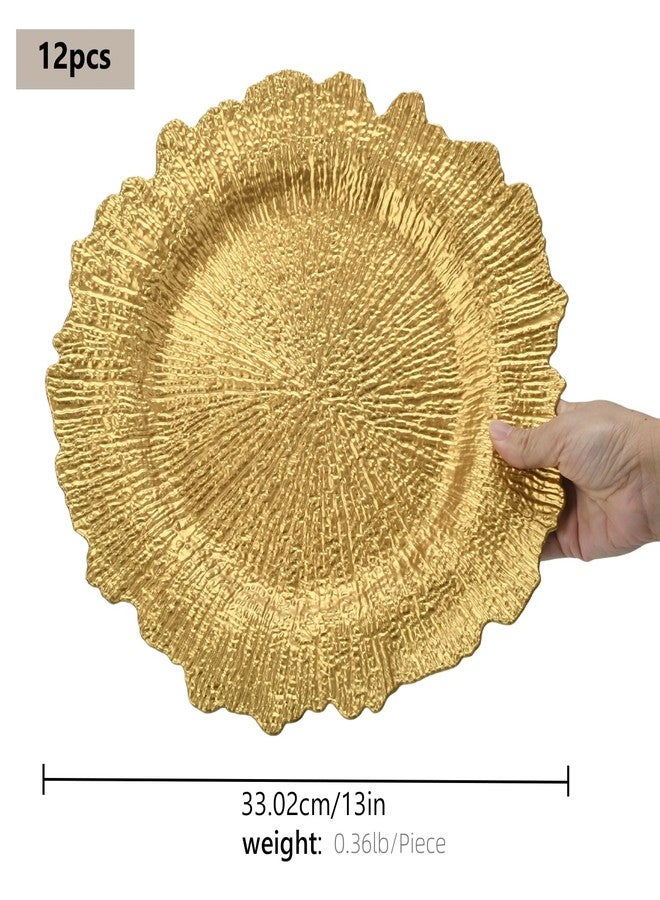 LYHLYA 13 Inch Gold Charger Plates, Round Reef Pattern, Plastic, Set of 12, for Dinner Plates, Wedding Decor, Table Setting (Irregular) - Image 3