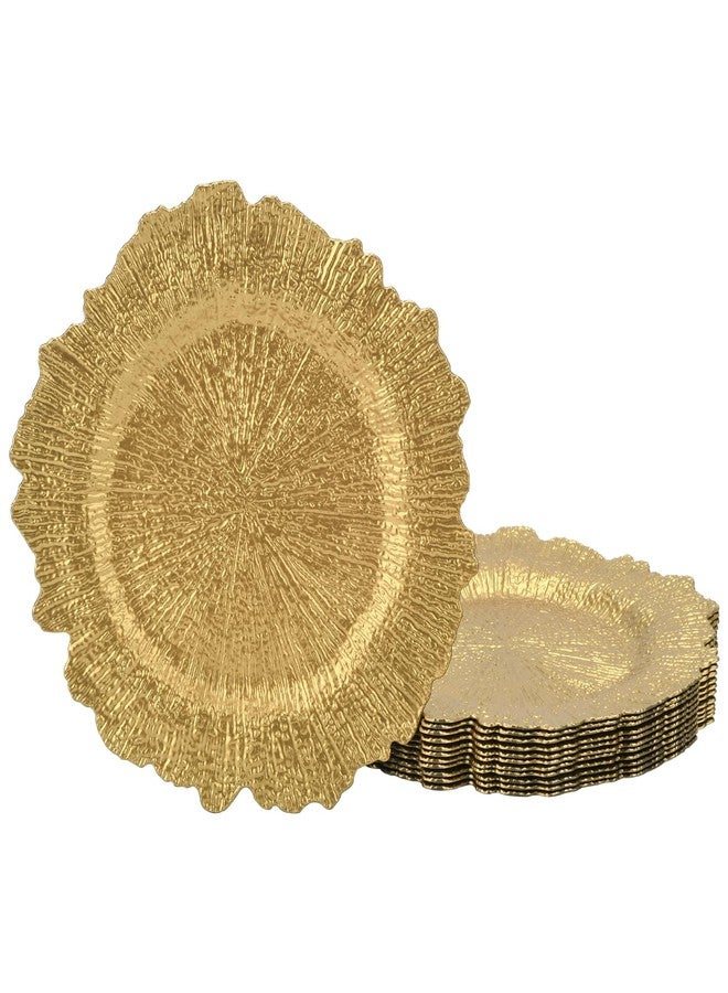 LYHLYA 13 Inch Gold Charger Plates, Round Reef Pattern, Plastic, Set of 12, for Dinner Plates, Wedding Decor, Table Setting (Irregular) - Image 1