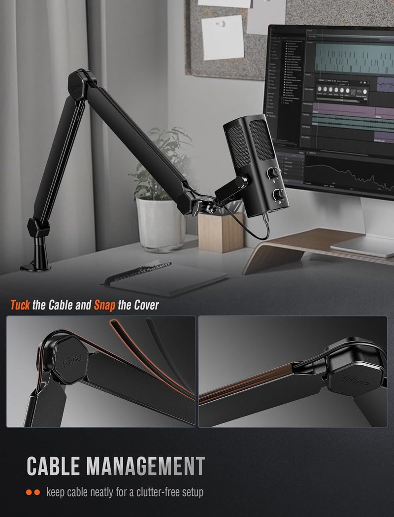 FIFINE Mic Arm Stand, Microphone Boom Arm with Desk Clamp, Cable Channels, 3/8" to 5/8" Threads, Heavy Metal Microphone Stand for Podcast, Vocal Recording, Gaming-BM66 Black - Image 4