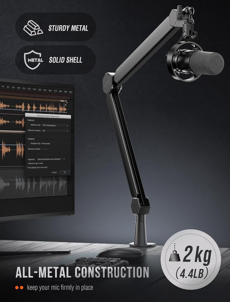 FIFINE Mic Arm Stand, Microphone Boom Arm with Desk Clamp, Cable Channels, 3/8" to 5/8" Threads, Heavy Metal Microphone Stand for Podcast, Vocal Recording, Gaming-BM66 Black - Image 2