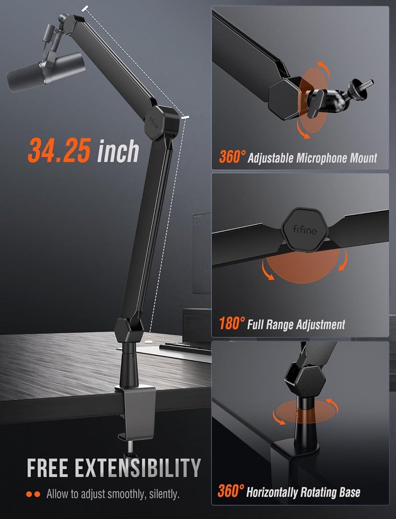 FIFINE Mic Arm Stand, Microphone Boom Arm with Desk Clamp, Cable Channels, 3/8" to 5/8" Threads, Heavy Metal Microphone Stand for Podcast, Vocal Recording, Gaming-BM66 Black - Image 3