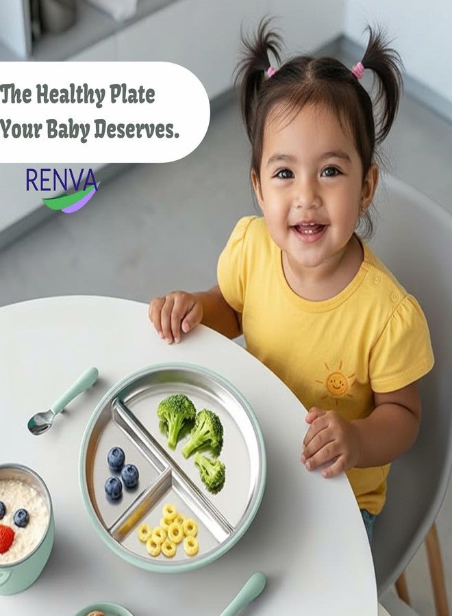 RENVA Stainless Steel Kids Plates Suction Plate for Baby,Divided Toddler Plates with Removable Silicone Sleeves for Mess-Free Feeding, Non-Toxic, Non-Slip (Green, 1 Plate) - Image 4