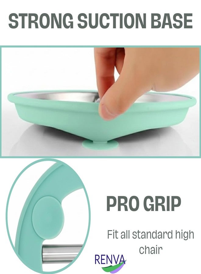 RENVA Stainless Steel Kids Plates Suction Plate for Baby,Divided Toddler Plates with Removable Silicone Sleeves for Mess-Free Feeding, Non-Toxic, Non-Slip (Green, 1 Plate) - Image 3