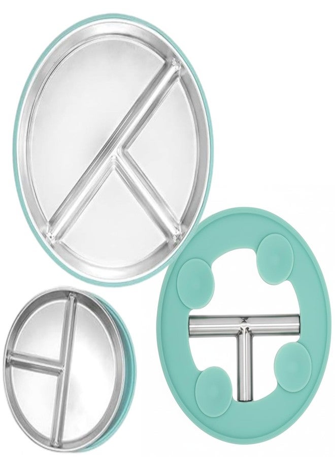 RENVA Stainless Steel Kids Plates Suction Plate for Baby,Divided Toddler Plates with Removable Silicone Sleeves for Mess-Free Feeding, Non-Toxic, Non-Slip (Green, 1 Plate) - Image 1