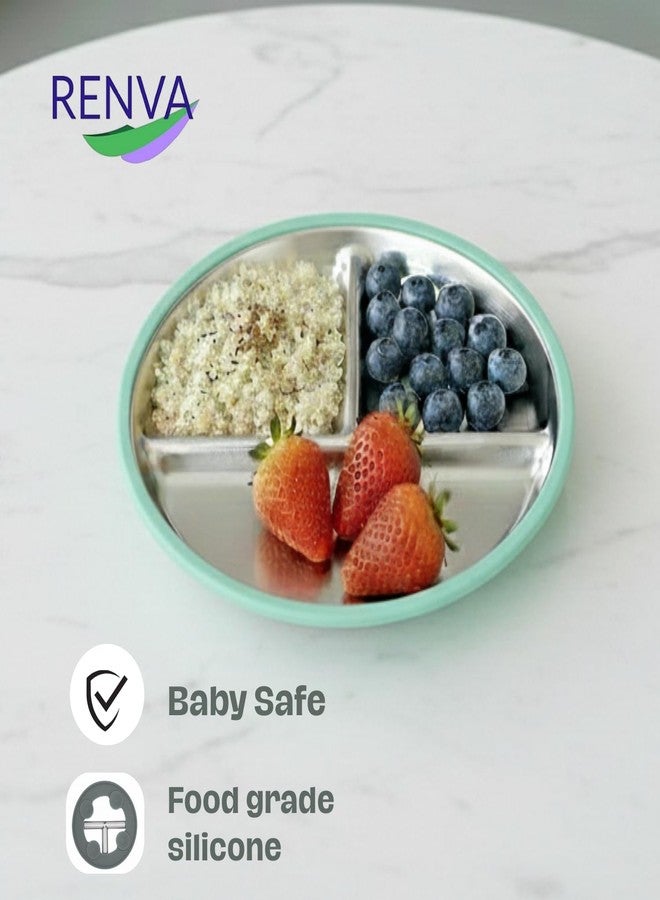 RENVA Stainless Steel Kids Plates Suction Plate for Baby,Divided Toddler Plates with Removable Silicone Sleeves for Mess-Free Feeding, Non-Toxic, Non-Slip (Green, 1 Plate) - Image 5