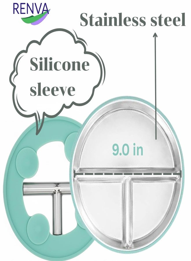 RENVA Stainless Steel Kids Plates Suction Plate for Baby,Divided Toddler Plates with Removable Silicone Sleeves for Mess-Free Feeding, Non-Toxic, Non-Slip (Green, 1 Plate) - Image 2