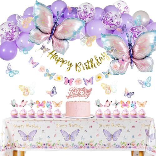 Homarkable Butterfly Birthday Decoration Purple Party Decorations with Balloons for Girls Happy Birthday Banner Butterfly 3D Stickers Tablecloth - Image 1