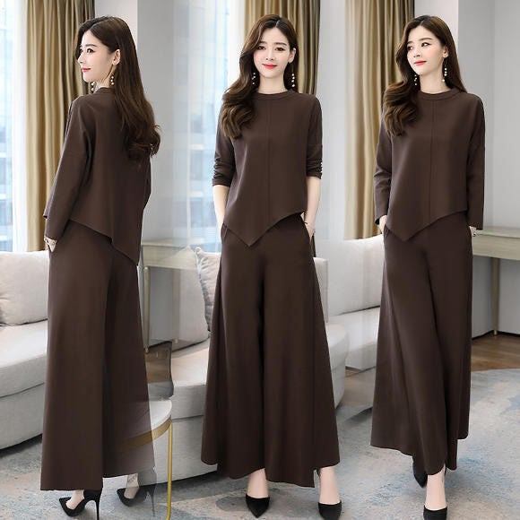 Cross-border Spring and Autumn New Wide Leg Pants suit Womens Age-reducing Belly-covering Slimming Western Style Casual Elegant Culottes Two-piece Set Grey suit - Image 5