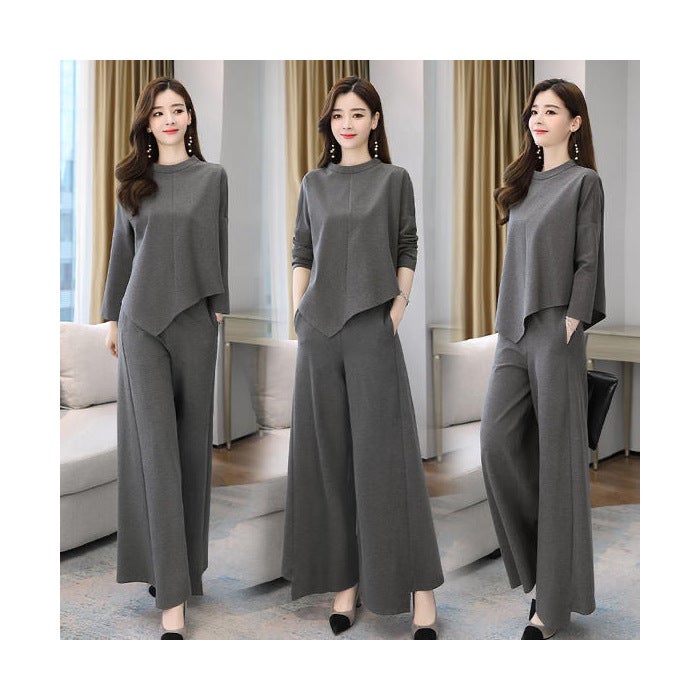 Cross-border Spring and Autumn New Wide Leg Pants suit Womens Age-reducing Belly-covering Slimming Western Style Casual Elegant Culottes Two-piece Set Grey suit - Image 1