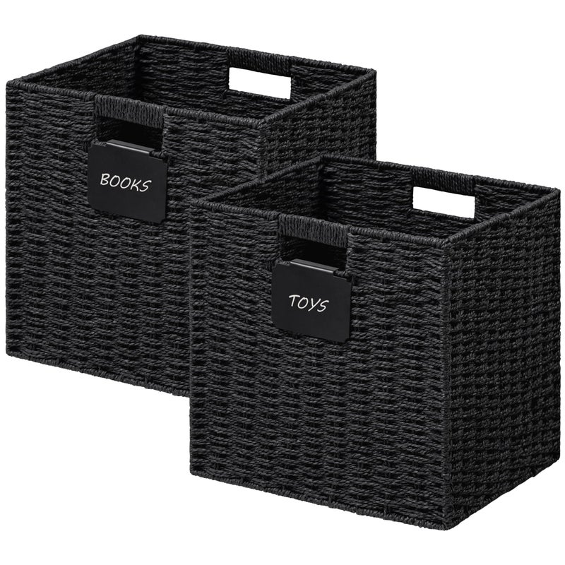 UBBCARE 2 Pack Wicker Basket, 13Ã—13 Storage Cubes with Label, Foldable Cube Storage Bin with Handle, Square Storage Basket for Shelves, Woven Paper Rope Basket for Organizing, Black - Image 1
