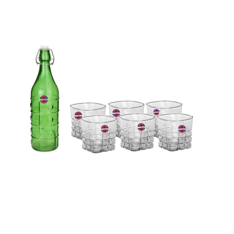 Somil Glass and Bottle Water Other Hot Cold Beverage Serving Set for Home Bar Restaurant 6 Glasses 1 Lt Bottle Green Transparent - Image 1