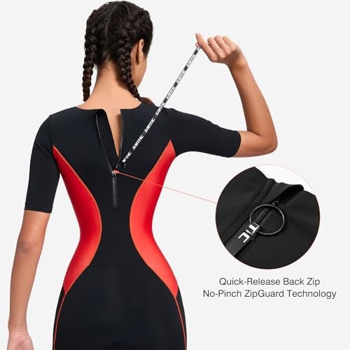 Santic بدلة سانتيك للترياتلون للنساء بأكمام قصيرة مبطنة سريعة الجفاف للسباحة وركوب الدراجة والجري، أحمر، S - Image 3