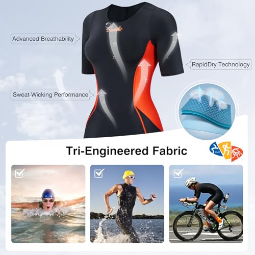Santic بدلة سانتيك للترياتلون للنساء بأكمام قصيرة مبطنة سريعة الجفاف للسباحة وركوب الدراجة والجري، أحمر، S - Image 4