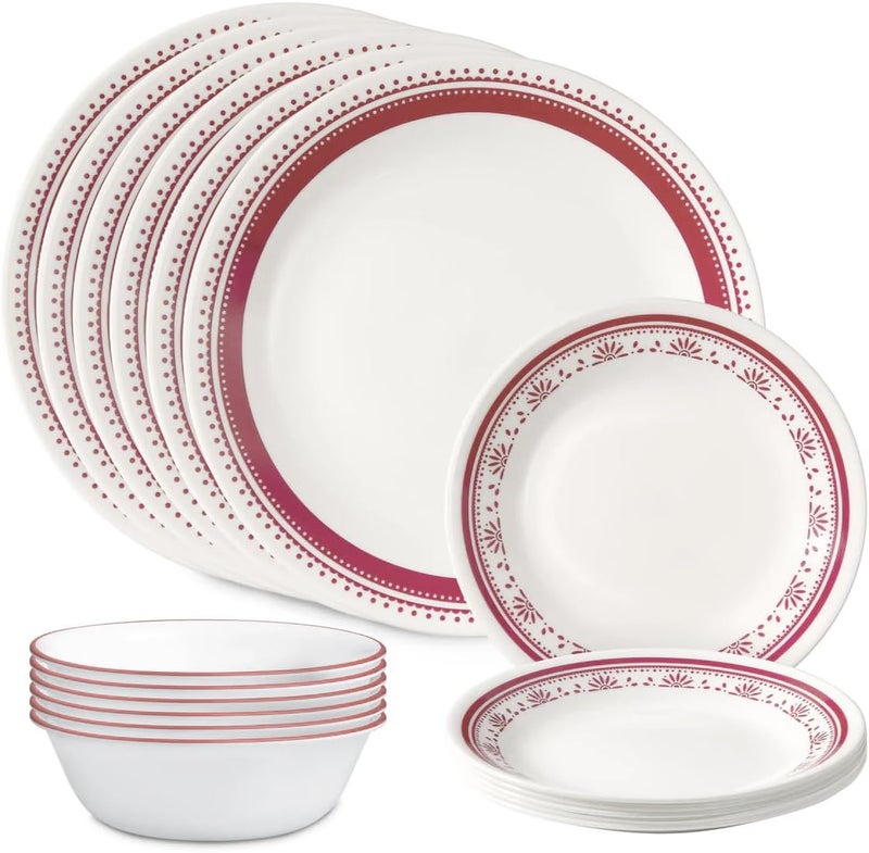 Corelle طقم أدوات المائدة كوريل إيفريداي 18 قطعة خدمة لـ 6 أشخاص متين وصديق للبيئة صحن زجاجي بحافة أعلى مجموعة أطباق وأوعية آمنة للاستخدام في الميكروويف وغسالة الصحون سادي - Image 1