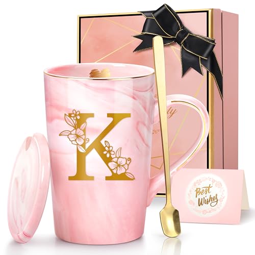 Lepiche Coffee Mugs - Personalized Gifts for Women, Initial Customized Ceramic Marble Cups 14 Oz Pink, Luxury Birthday Christmas Mother's Day Gift for Her Mom Grandma Girlfriend Friend Unique,K - Image 1
