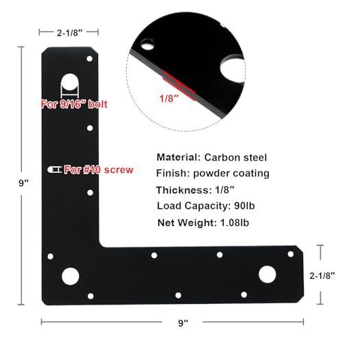 heneng 4 Pcs 9" x 9" L Shaped Mending Plate, Flat Corner Brace for Furniture, Shelves, Woodworking, 1/8" Thick - Image 2