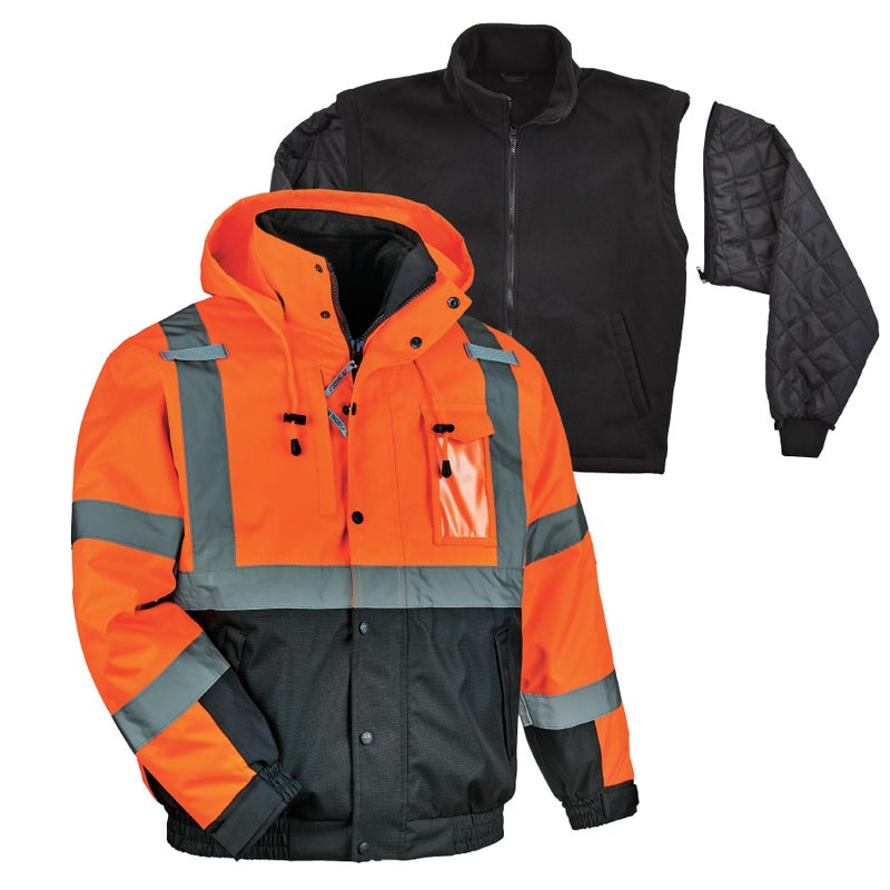Ergodyne GloWear 8381 High Visibility Reflective Winter Bomber Jacket Black Bottom Zip Out Fleece Liner ANSI Compliant