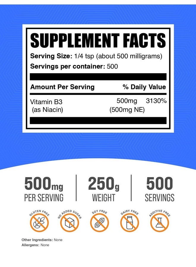 BulkSupplements مسحوق النياسين من BulkSupplements.com - مكمل فيتامين ب3، احمرار النياسين - خالي من الغلوتين، 500 ملغ لكل حصة، 250 غرام (8.8 أونصة) (عبوة من 1) - Image 2
