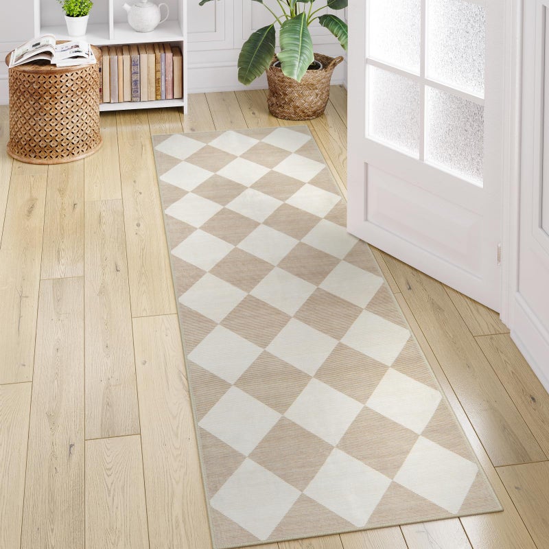 Beeiva Checkered Print Carpet Runners for Hallway 6ft, Beige Ultra Thin Washable Kitchen Runner Rug Non Slip, Moroccan Plaid Checkerboard Decor Faux Wool 2x6 Rug for Bedroom Bathroom Entryway - Image 2