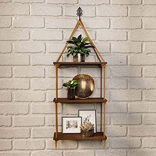DS Enterprise |Real Pine Wood Floating Shelves, Hanging Swing Rope Shelves, Rustic Wall Decor Swing Shelf, Wall Shelves for Living Room/Home/Office Decor (3 Tier, 8 x 5 in) - Image 4