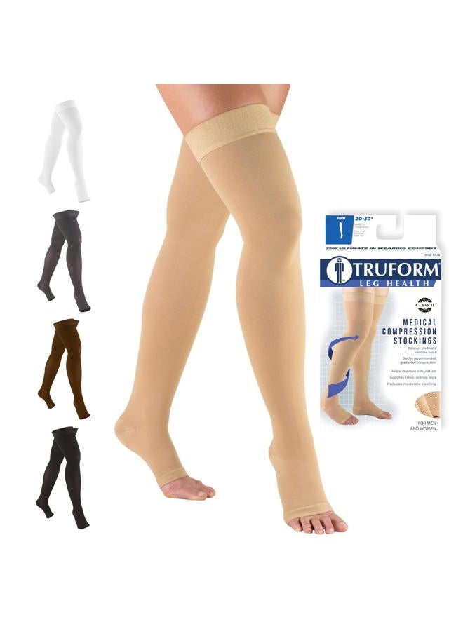 Truform 20-30 mmHg Compression Stockings for Men and Women, Thigh High Length, Dot-Top, Open Toe, Beige, Medium - Image 1