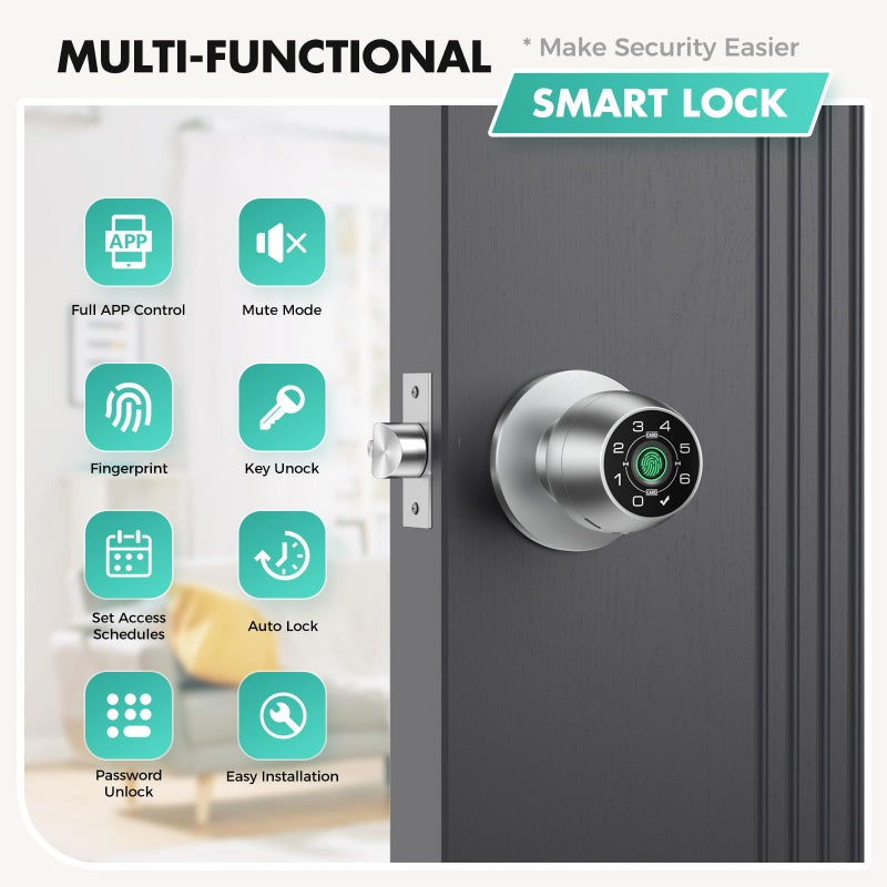 HEI LIANG Fingerprint Door Lockï¼ŒFingerprint and Keypad Input Smart Door knob, App Controlled Biometric Door Lock, Keyless Entry, Bedroom, Office, Hotel, Apartment Auto Door knob(Silver)-HL-4 - Image 2