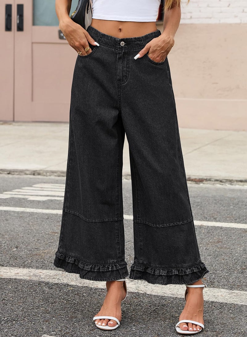 EVALESS Womens Wide Leg Jeans 2026 Trendy Mid-Rise Cropped Baggy Jeans Loose Fit Cute Ruffle Hem Trouser Denim Pants with Pockets Grey Size 6 - Image 5