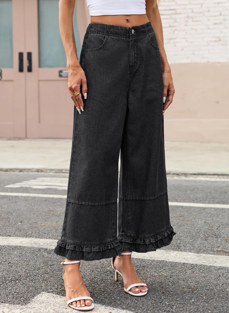 EVALESS Womens Wide Leg Jeans 2026 Trendy Mid-Rise Cropped Baggy Jeans Loose Fit Cute Ruffle Hem Trouser Denim Pants with Pockets Grey Size 6 - Image 3