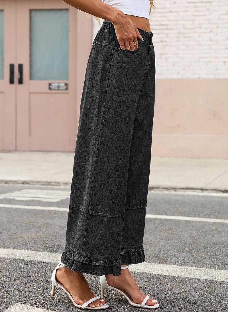 EVALESS Womens Wide Leg Jeans 2026 Trendy Mid-Rise Cropped Baggy Jeans Loose Fit Cute Ruffle Hem Trouser Denim Pants with Pockets Grey Size 6 - Image 4