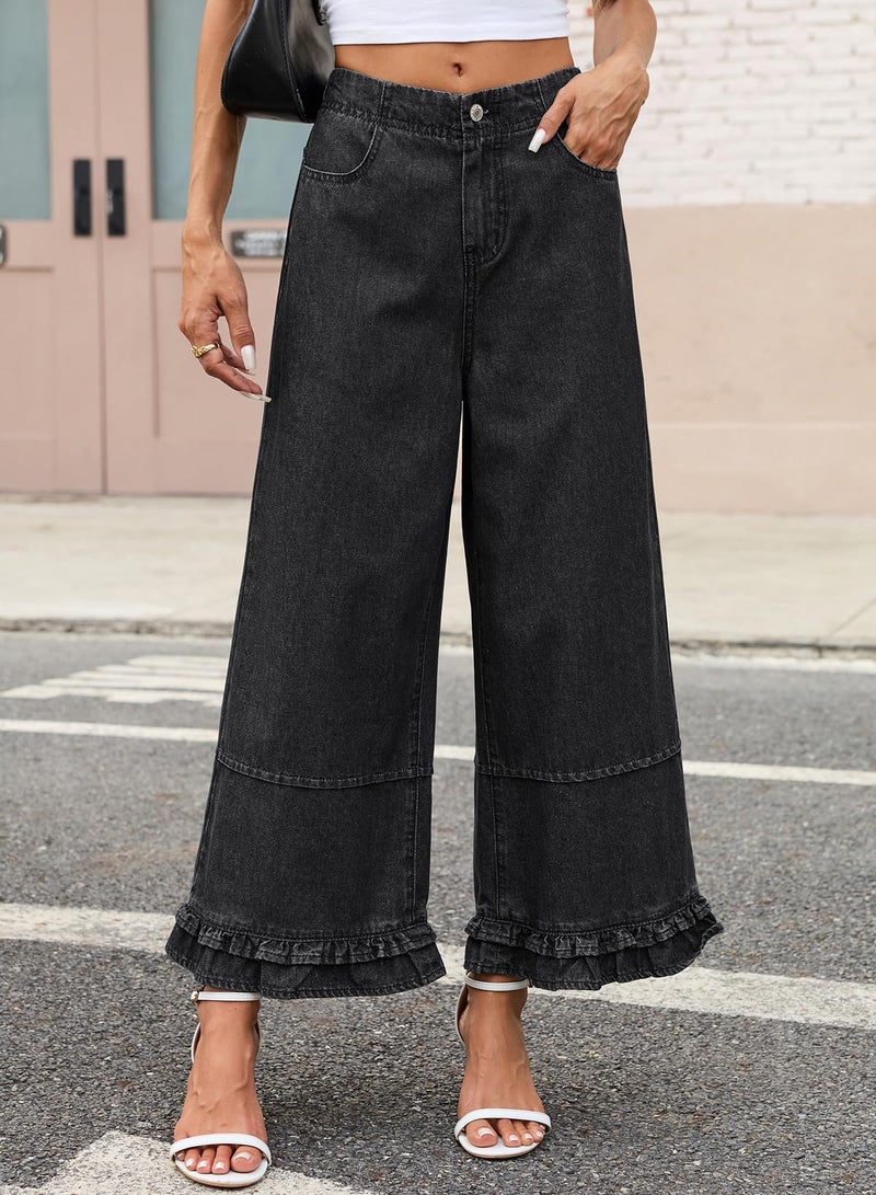 EVALESS Womens Wide Leg Jeans 2026 Trendy Mid-Rise Cropped Baggy Jeans Loose Fit Cute Ruffle Hem Trouser Denim Pants with Pockets Grey Size 6 - Image 2