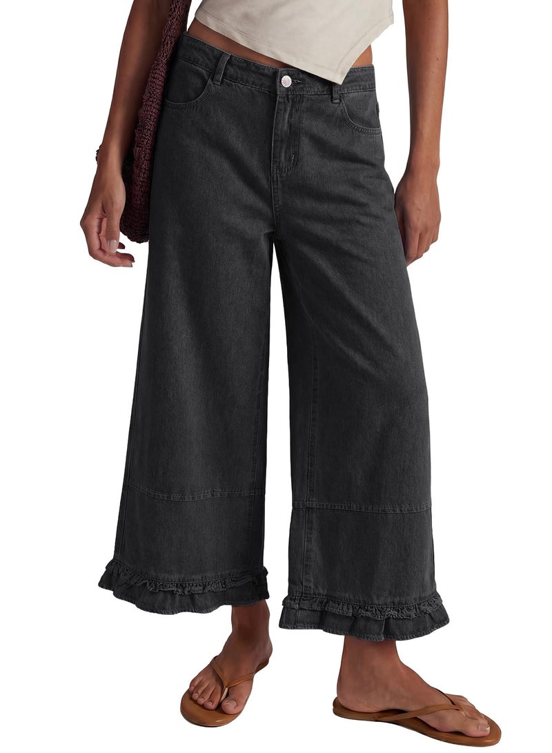 EVALESS Womens Wide Leg Jeans 2026 Trendy Mid-Rise Cropped Baggy Jeans Loose Fit Cute Ruffle Hem Trouser Denim Pants with Pockets Grey Size 6 - Image 1