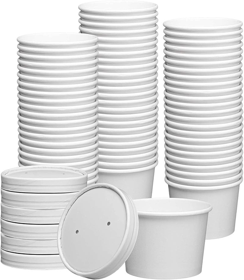 GUSTO 8 oz  50 Count White Paper Food Containers with Vented Lids  To Go Hot Soup Bowls Disposable Ice Cream Cups Ideal for Hot and Cold Foods  Formerly Comfy Package