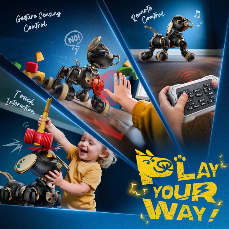 Ruko 18011 Robot Dog Toy, Smart Interactive Puppy with 30+ LED Faces, Remote & Gesture Control, Programmable Electronic Pet for Kids Ages 3â€“8, Black & Gold - Image 5