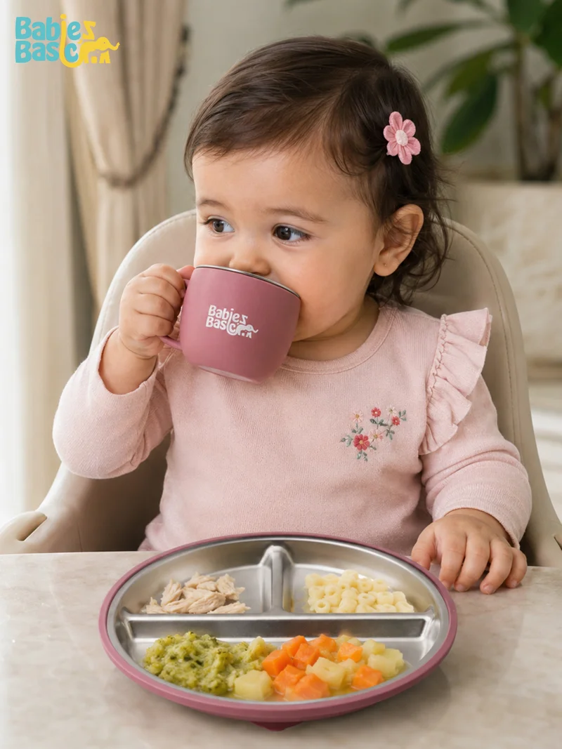 Babies Basic Babies Basic Stainless Steel Plate, Bowl, and Cup with Silicone Sleeve for Kids, Dusty Pink
