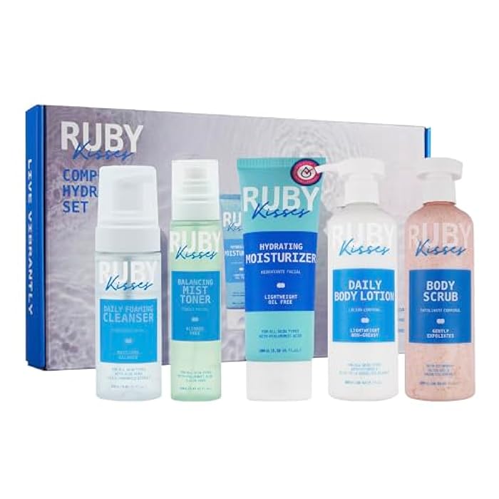 Ruby Kisses Complete Hydration Skincare Set, Face & Body Essentials, Includes Daily Foaming Cleanser, Balancing Mist Toner, Daily Body Lotion, Gentle Body Scrub, Korean Skincare - Image 1