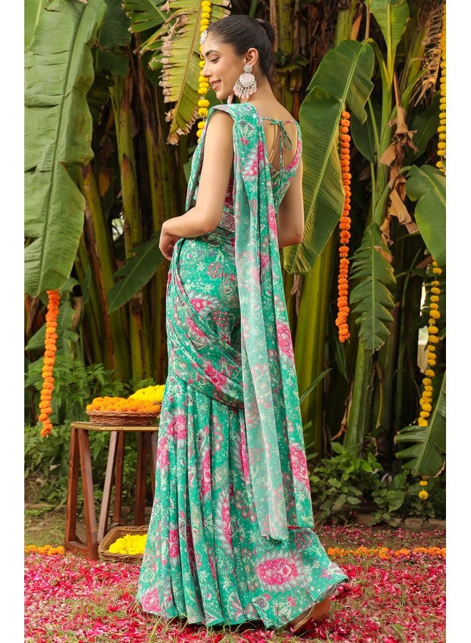 Janasya Janasya Women's Green Georgette Floral Printed Ready To Wear Sharara Saree (JAB24SR00582-M) - Image 5