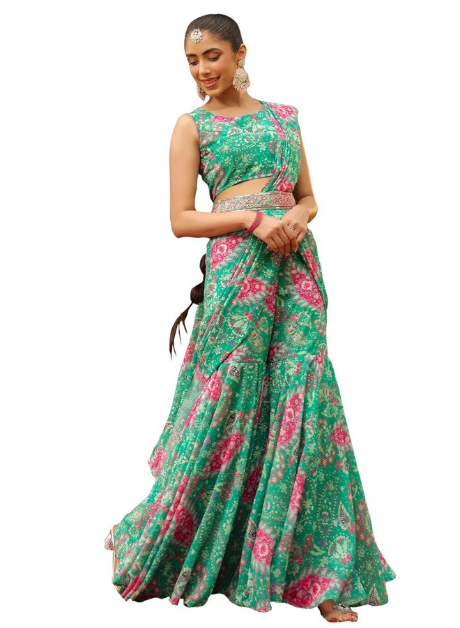 Janasya Janasya Women's Green Georgette Floral Printed Ready To Wear Sharara Saree (JAB24SR00582-M) - Image 1