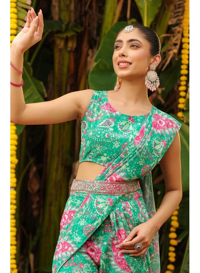 Janasya Janasya Women's Green Georgette Floral Printed Ready To Wear Sharara Saree (JAB24SR00582-M) - Image 2