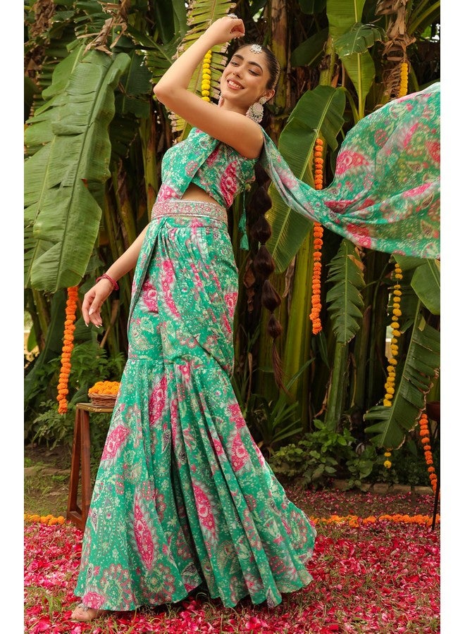 Janasya Janasya Women's Green Georgette Floral Printed Ready To Wear Sharara Saree (JAB24SR00582-M) - Image 3