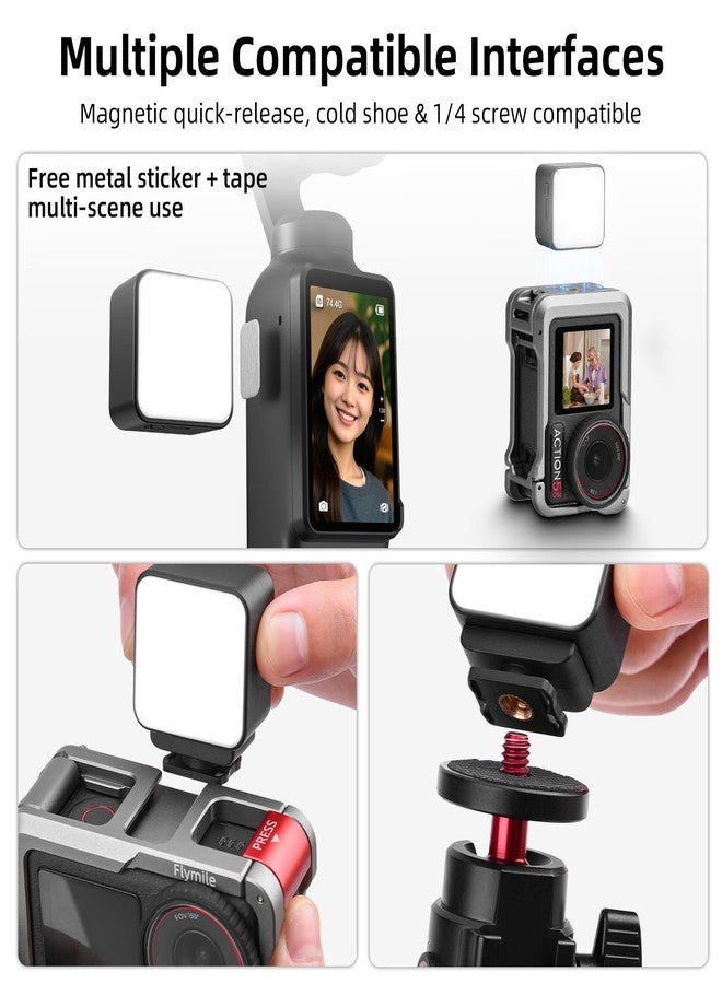Flymile Pocket 3 Magnetic Fill Light Accessories, 6500K Adjustable Video Light with Quick - Release Cold Shoe Base, Compatible with DJI Osmo Action 5 Pro/4/3 Camera Cage Attachment, Black - Image 2