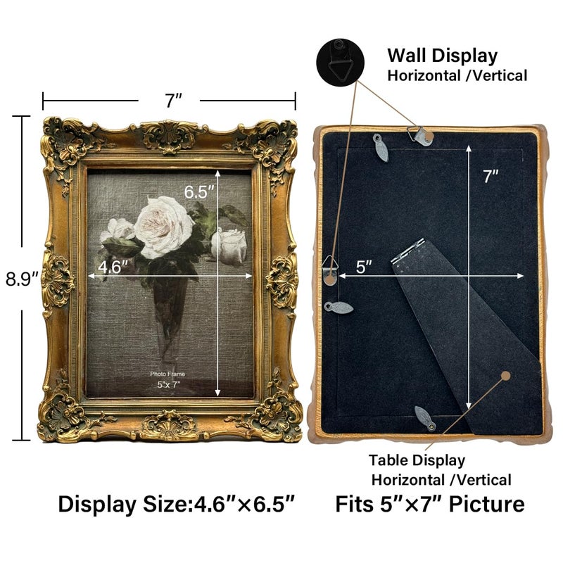 CISOO 5x7 Vintage Picture Frame Antique Ornate Bronze Gold Photo Frame, for Table Top and Wall Display, Decorative Floral Design Retro Home Decor, Photo Gallery Art - Image 5