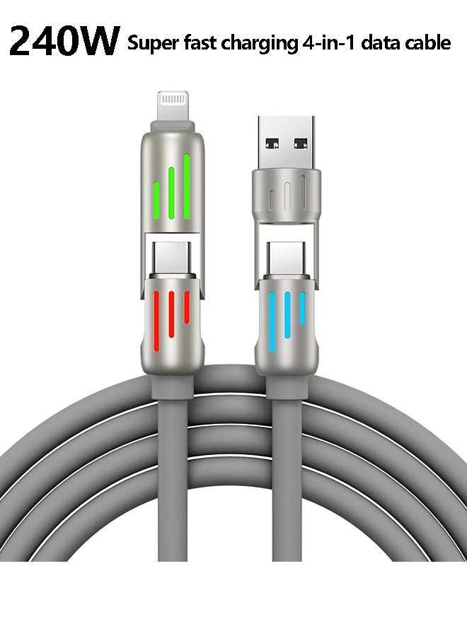 USB C Cable, 240W 4 in 1 Multi Charging Cable USB Charger Cable with Breathing Light, Combo L Port/Type C/USB A Fast Charging Cord for iPhone16/15/14/13/12 Series/MacBook/iPad/Samsung/Huawei/ Laptop And More (Grey,1.5M) - Image 1