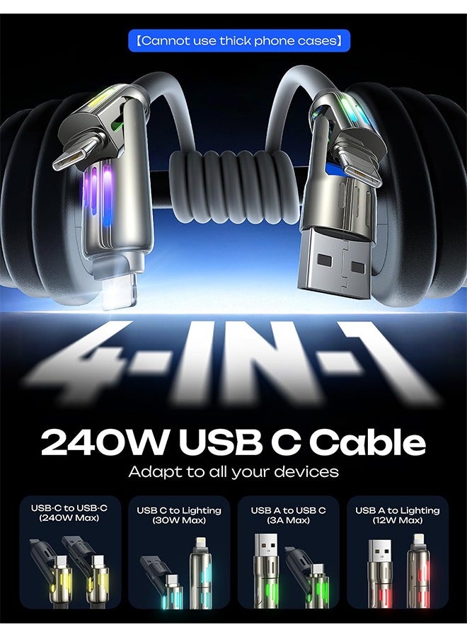 USB C Cable, 240W 4 in 1 Multi Charging Cable USB Charger Cable with Breathing Light, Combo L Port/Type C/USB A Fast Charging Cord for iPhone16/15/14/13/12 Series/MacBook/iPad/Samsung/Huawei/ Laptop And More (Grey,1.5M) - Image 3