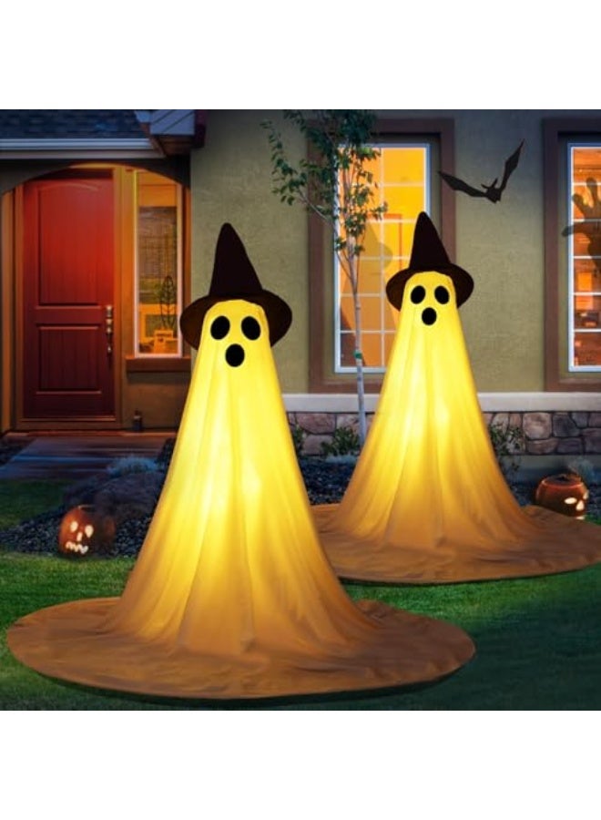 NIBEMINENT 2 Packs Halloween Ghost Outdoor Decorations, 59” Light Up Ghost Decor with Remote Control, Adjustable Height Standing Halloween Lighted Ghost Kit with Witch Hat Ideal for Porch, Garden, Yard - Image 1