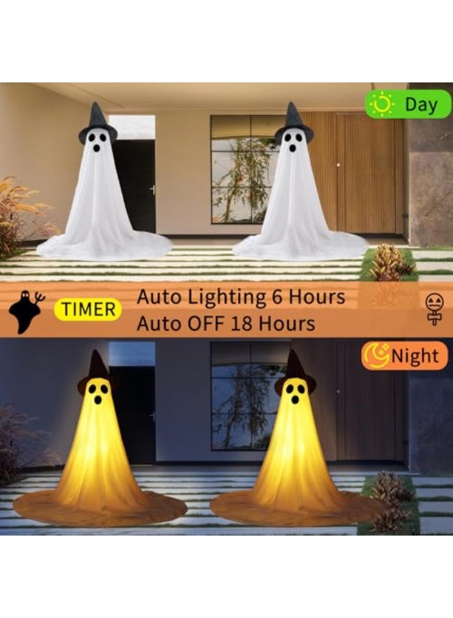 NIBEMINENT 2 Packs Halloween Ghost Outdoor Decorations, 59” Light Up Ghost Decor with Remote Control, Adjustable Height Standing Halloween Lighted Ghost Kit with Witch Hat Ideal for Porch, Garden, Yard - Image 2