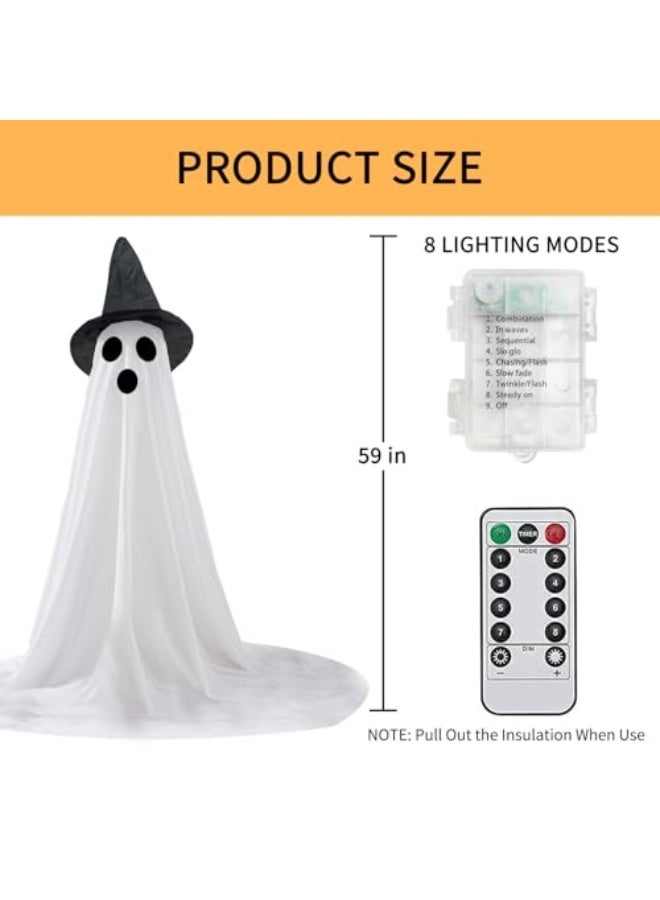 NIBEMINENT 2 Packs Halloween Ghost Outdoor Decorations, 59” Light Up Ghost Decor with Remote Control, Adjustable Height Standing Halloween Lighted Ghost Kit with Witch Hat Ideal for Porch, Garden, Yard - Image 4